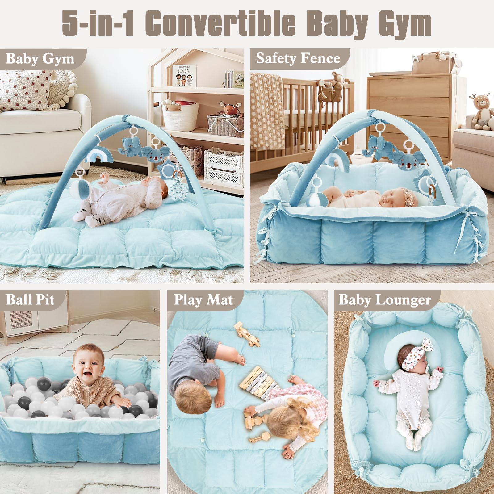Foryoomi soft cotton play mat blue offers comfortable tummy time sessions.