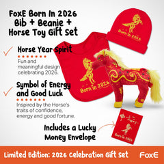 FoxE Year of the Horse cotton beanie with zodiac design, snug newborn comfort.