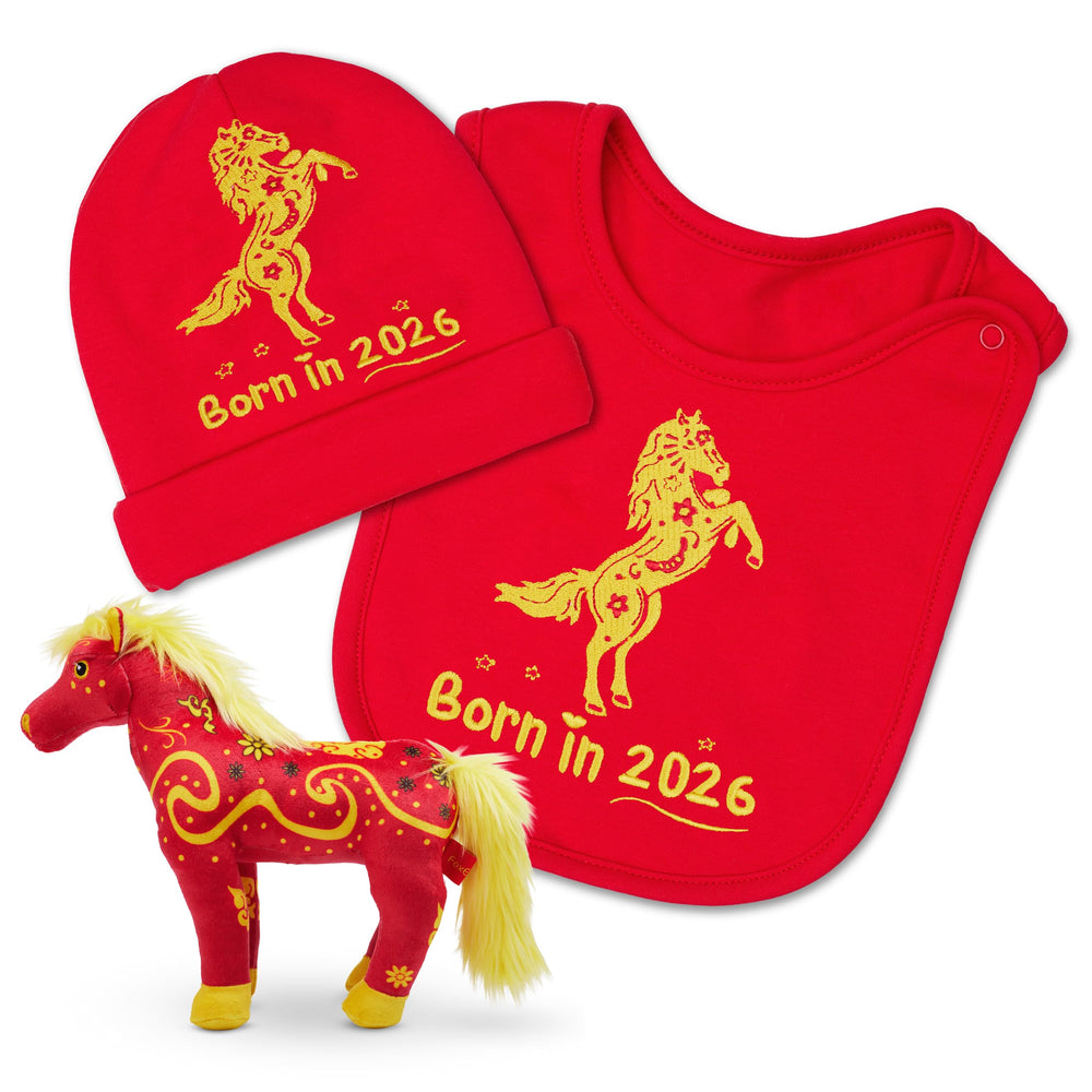 FoxE Year of the Horse embroidered bib with zodiac art, soft cotton for delicate skin.