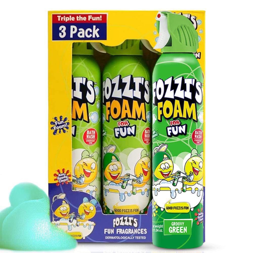 FOZZI'S Groovy Green bath foam spray demonstrates easy application for playful bath time.