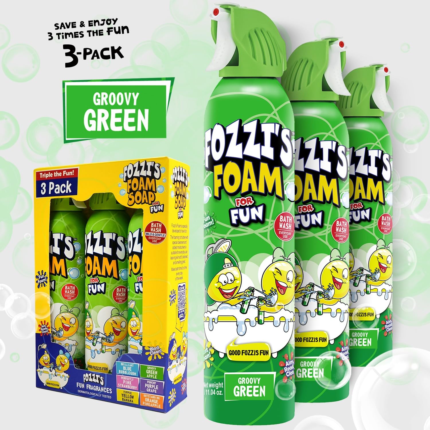 FOZZI'S Groovy Green bubble foam for kids during playtime offers soft, safe suds.