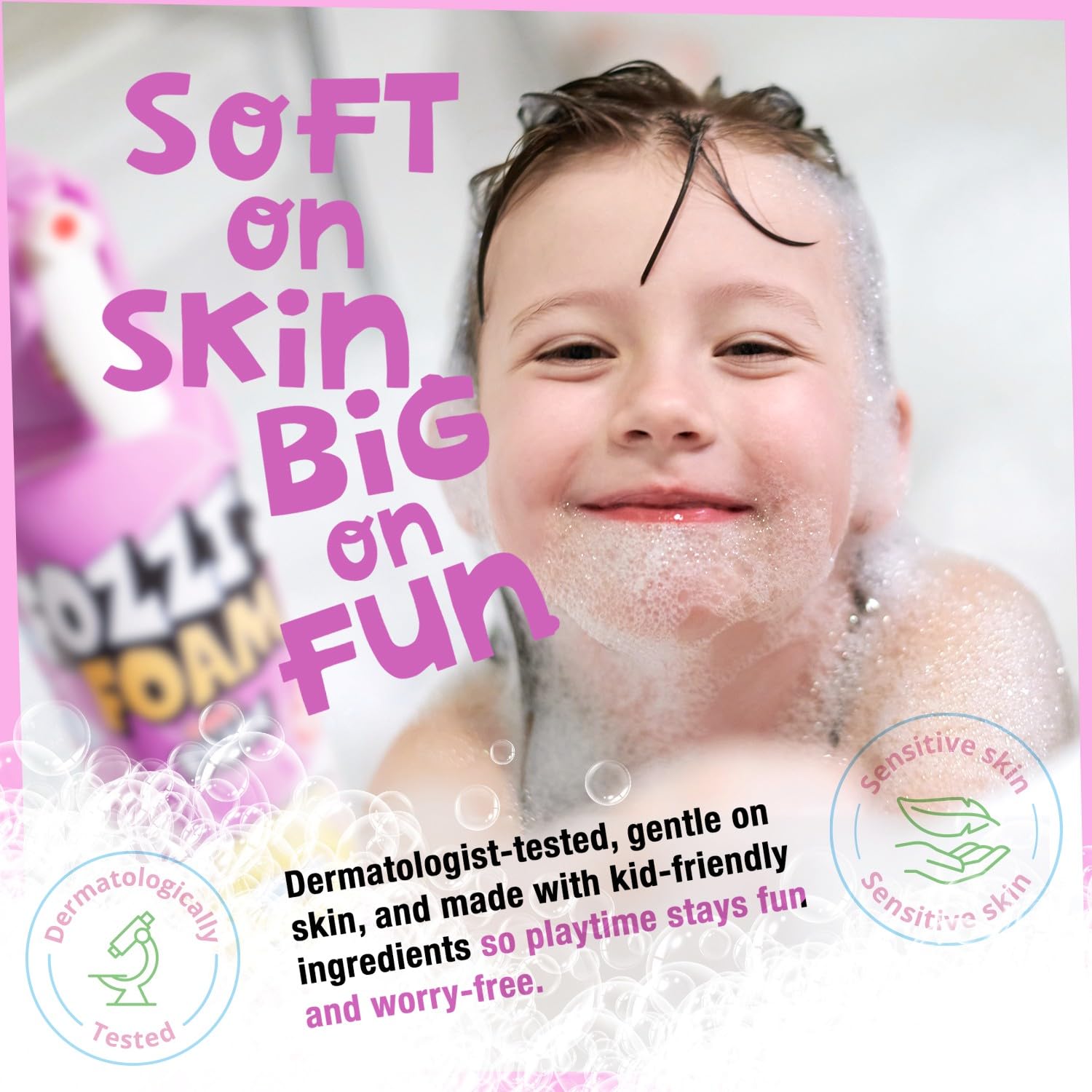 FOZZI'S Groovy Green colorful foam bubbles make bath time engaging and fun.
