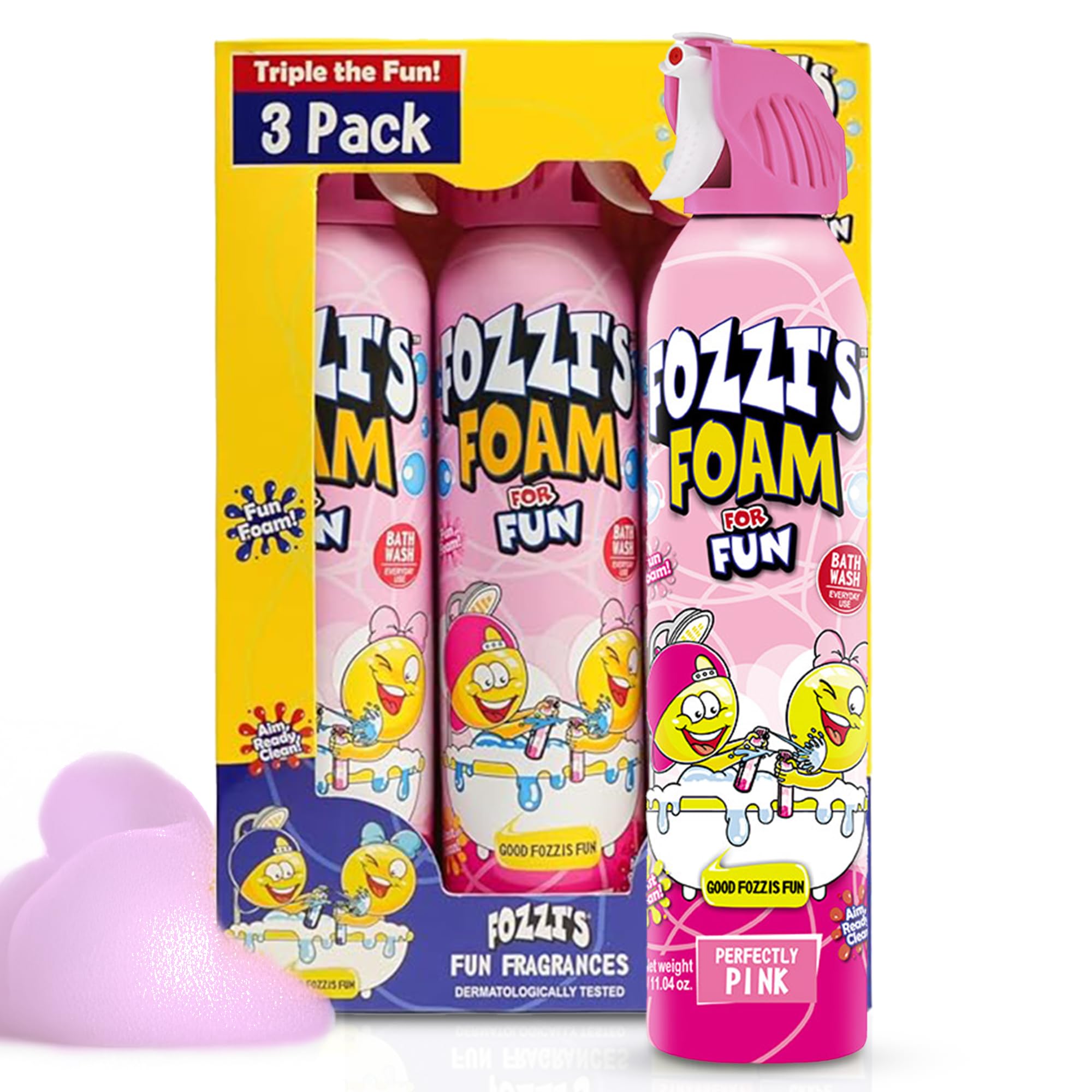 FOZZI'S Perfectly Pink bath foam bottle provides gentle cleansing for kids.