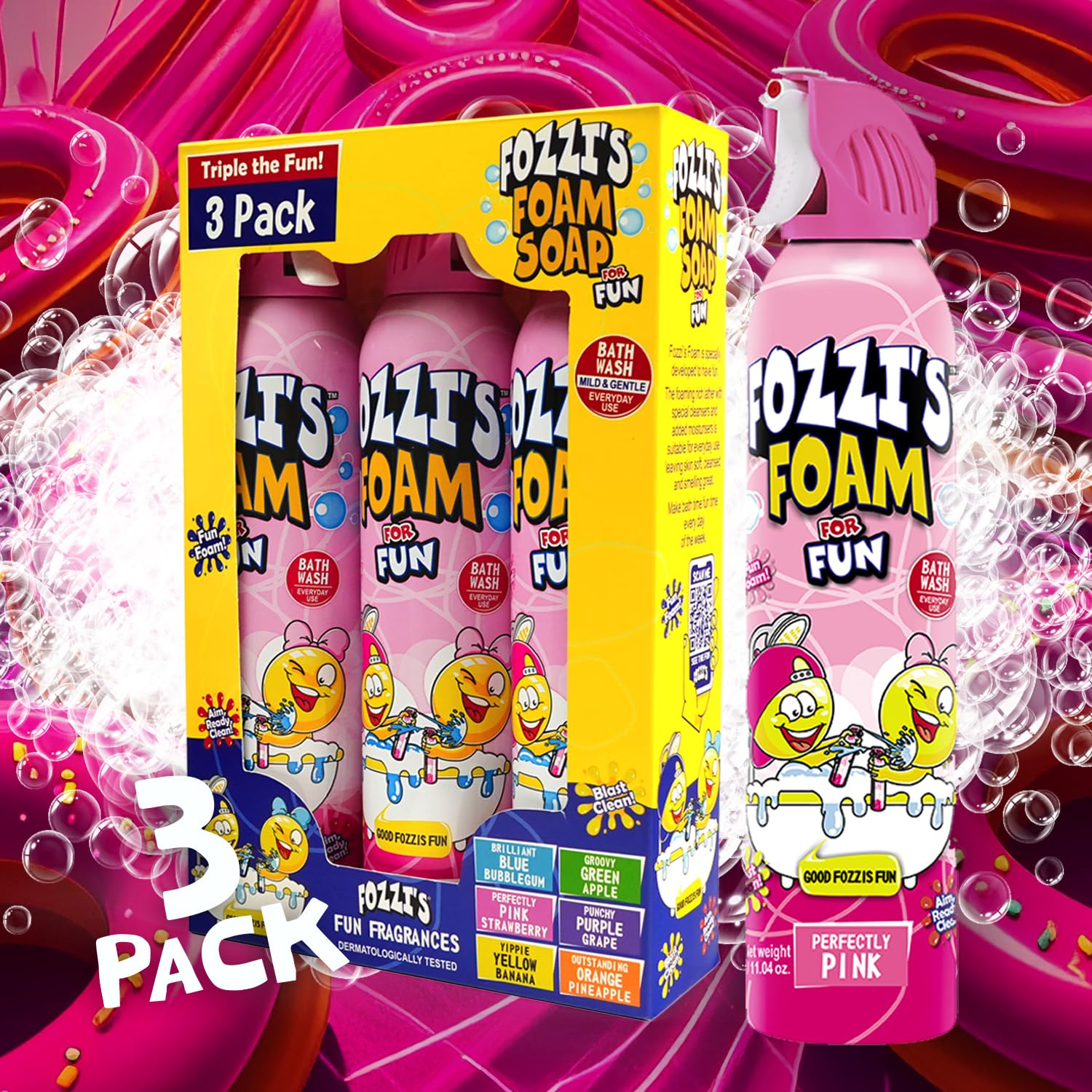 Kids explore imaginative bath time with FOZZI'S pink foam.