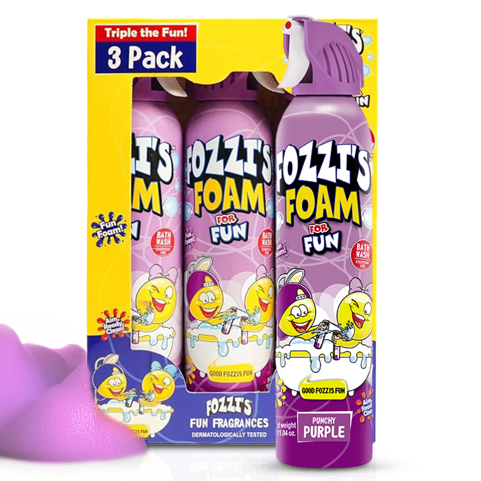 FOZZI'S Punchy Purple bath foam spray for imaginative bath play and easy cleanup.
