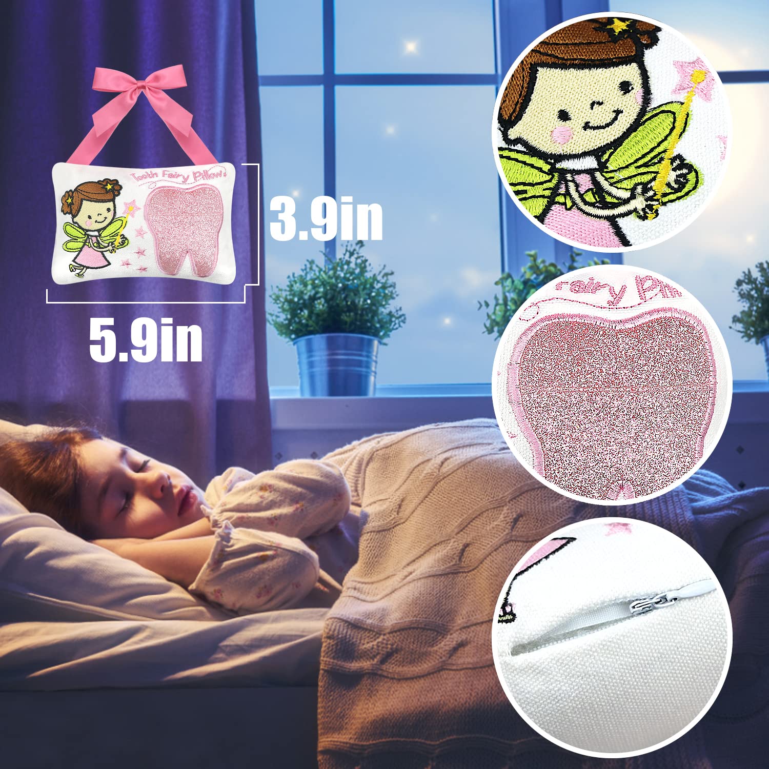 free-space Tooth Fairy Pillow in pink color to brighten kids rooms.