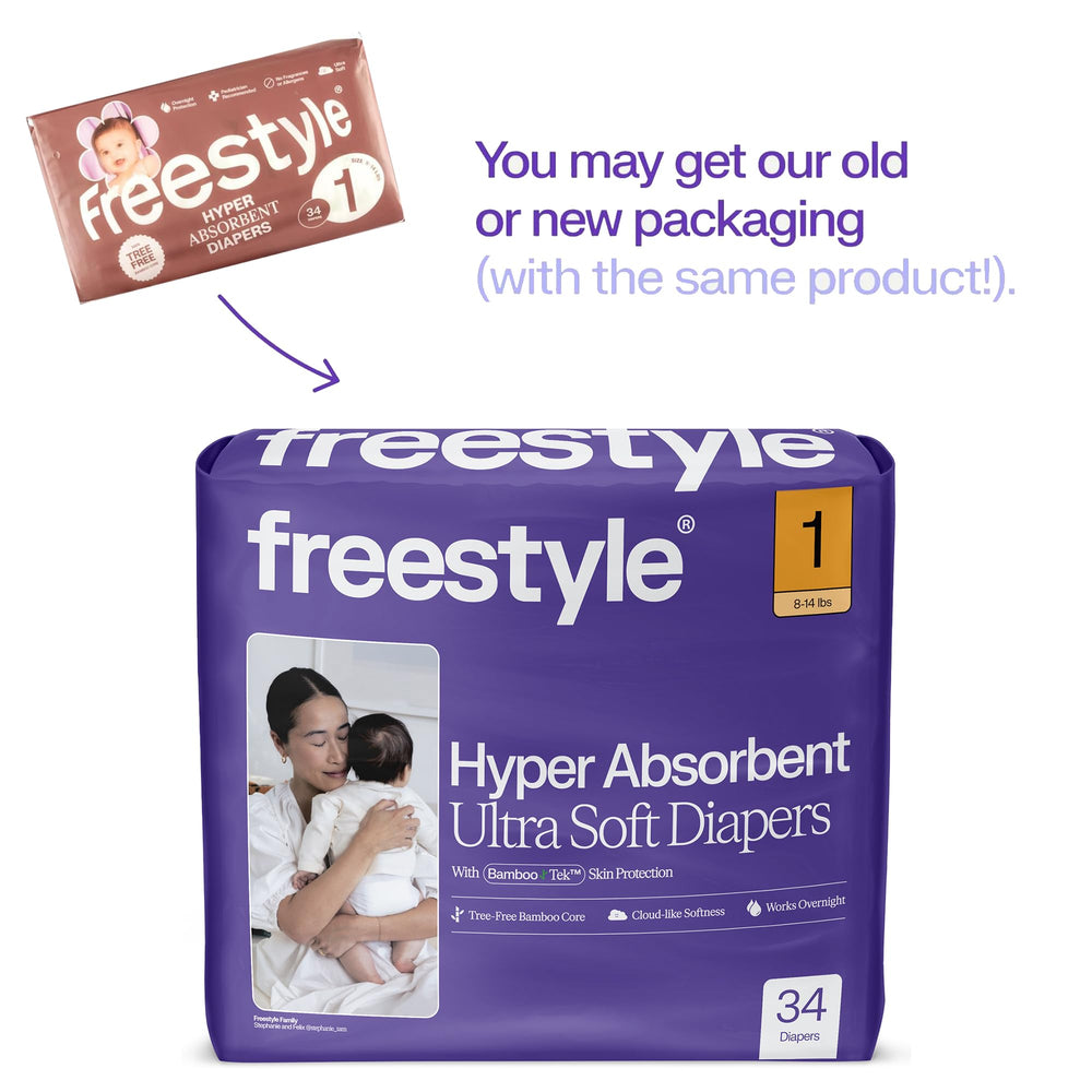 Freestyle BambooTek diapers box display emphasizes high absorbency for overnight protection.