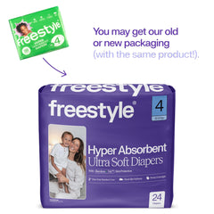 Freestyle BambooTek diapers displaying leak protection features for all-day dryness.