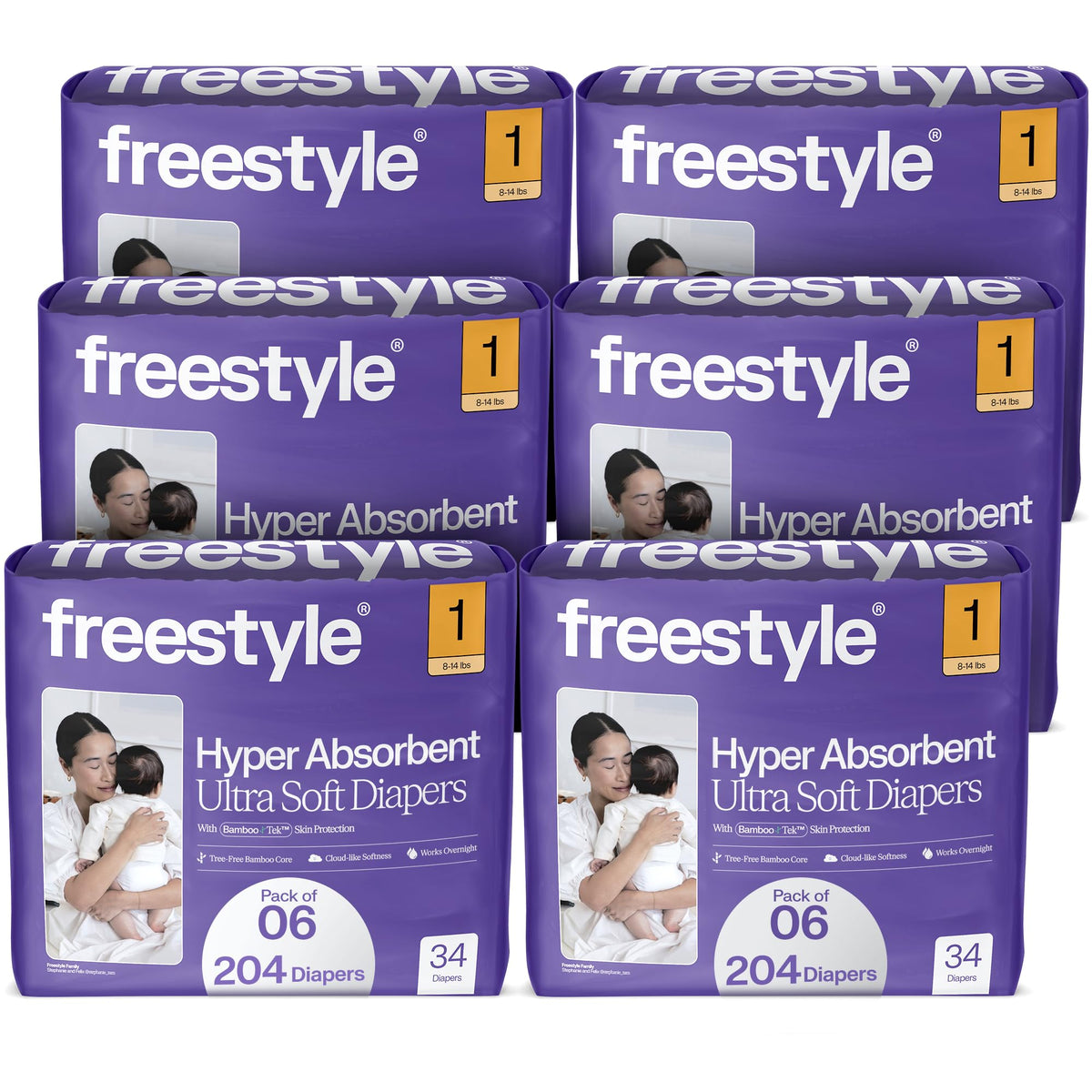 Freestyle BambooTek diapers package front highlighting tree-free materials for a planet-friendly choice.