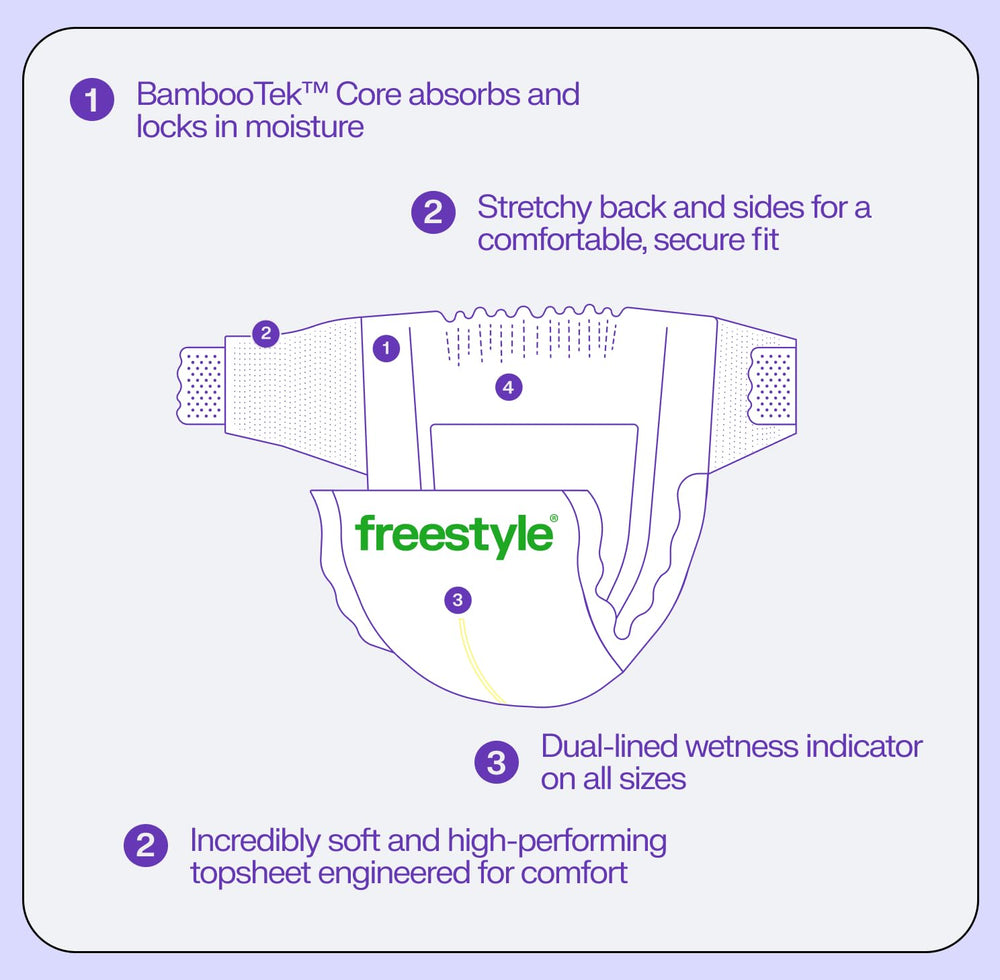 Freestyle BambooTek diapers designed for sensitive skin with fragrance-free composition.