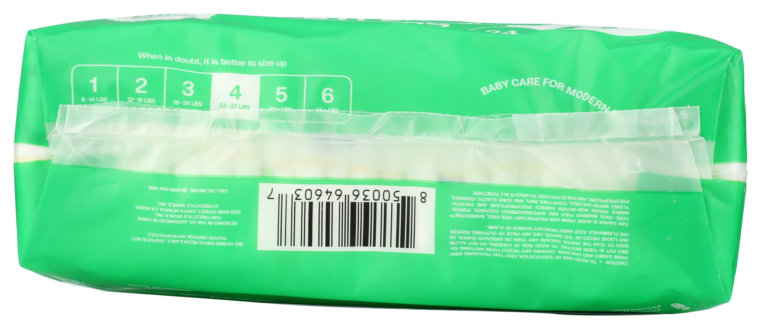 Tree-free packaging of Freestyle Diapers Size 4 for eco-friendly impact