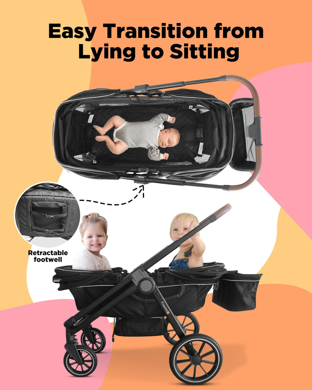 Freetex Tandem Wagon storage basket keeps essentials within reach.