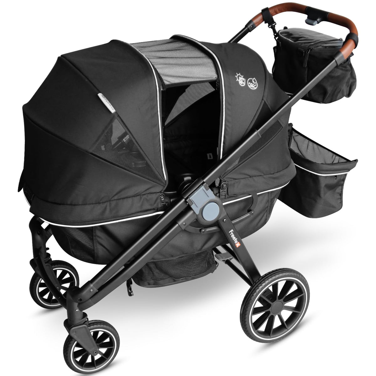 Freetex Tandem Wagon stroller front view with all-terrain wheels for outdoors.