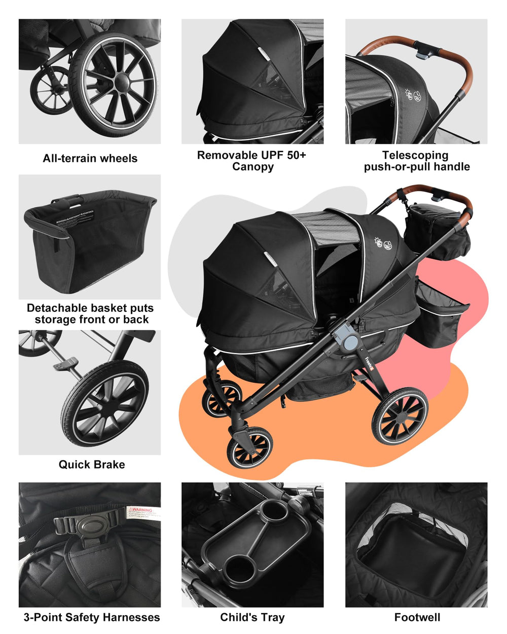 Freetex Tandem Wagon removable child tray for snacks and play.
