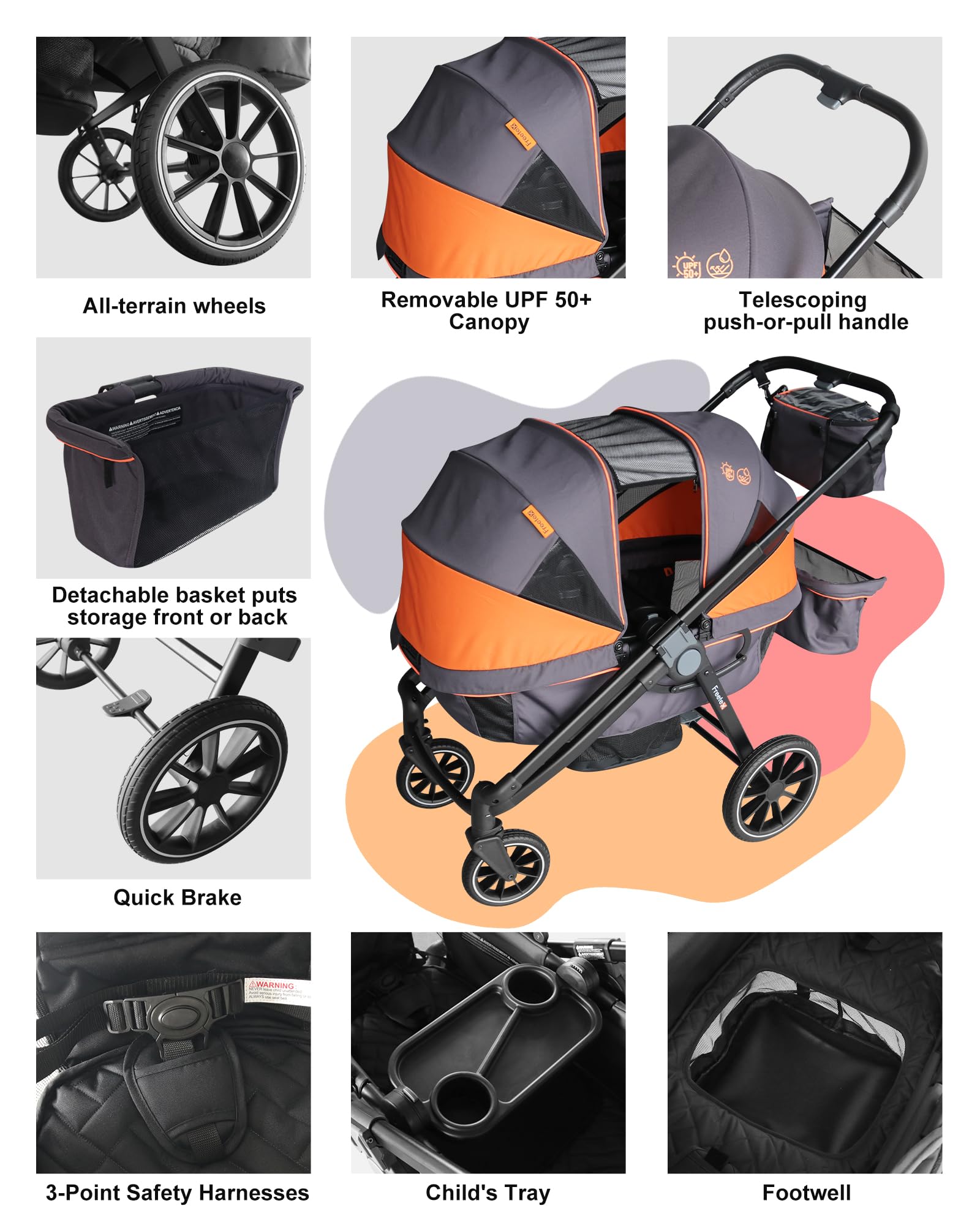 Freetex Tandem Wagon UV-protective canopy blocks harsh sun.