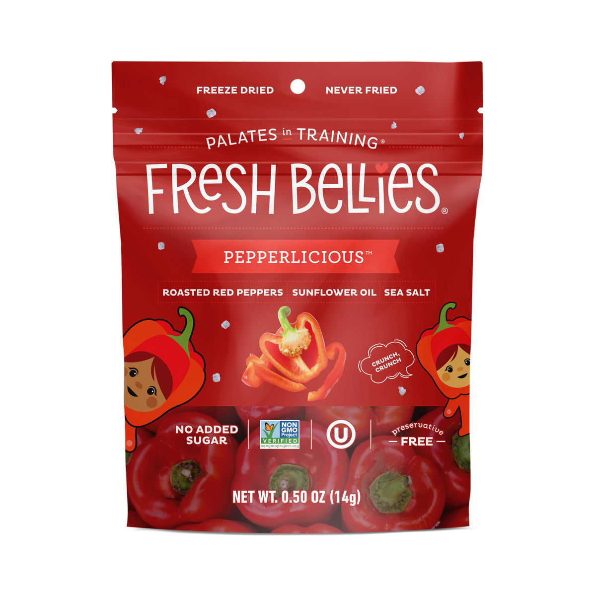 Fresh Bellies Pepperlicious freeze-dried peppers snack for kids—crunchy and all-natural.