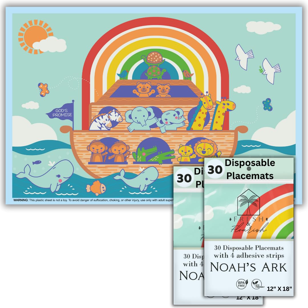 Fresh & Flourish Noah’s Ark placemat design engages kids during meals with friendly animals.