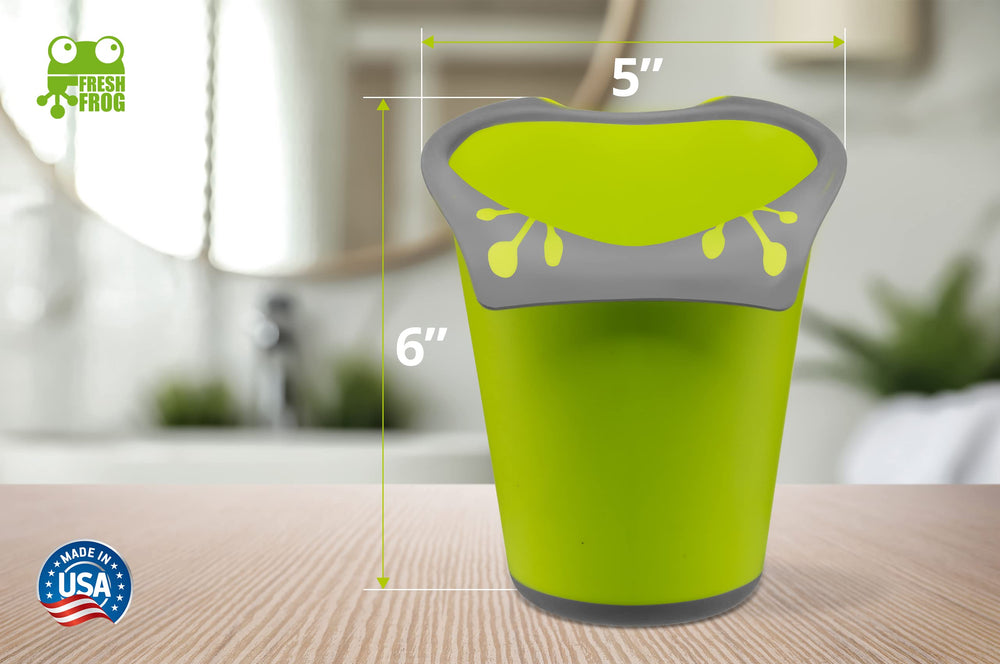 FRESH FROG USA-made plastic bath cup in green emphasizes quality and safety.