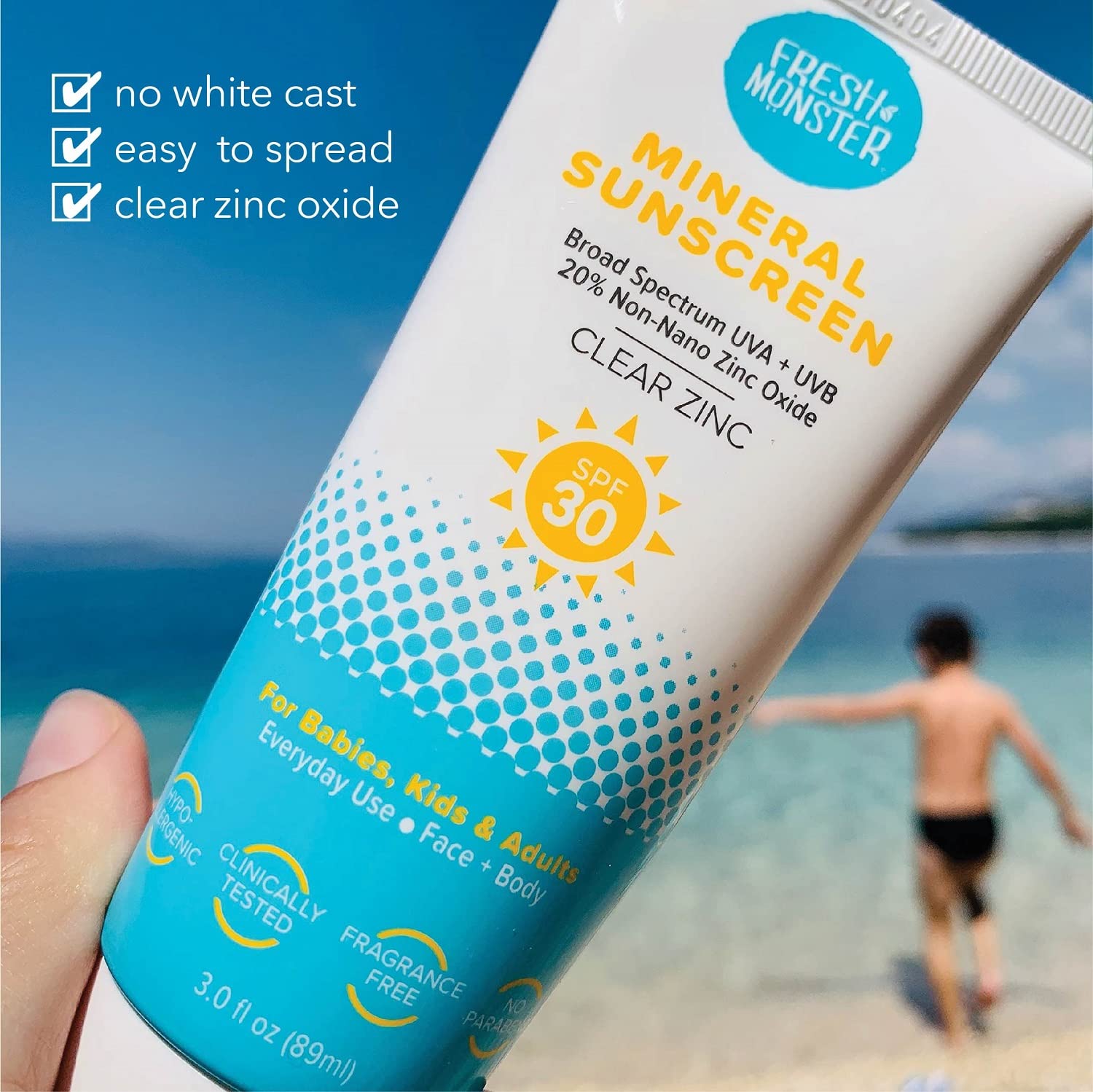 Fresh Monster Daily Kids Sunscreen organic chamomile calendula green-tea extracts nourish skin during play.