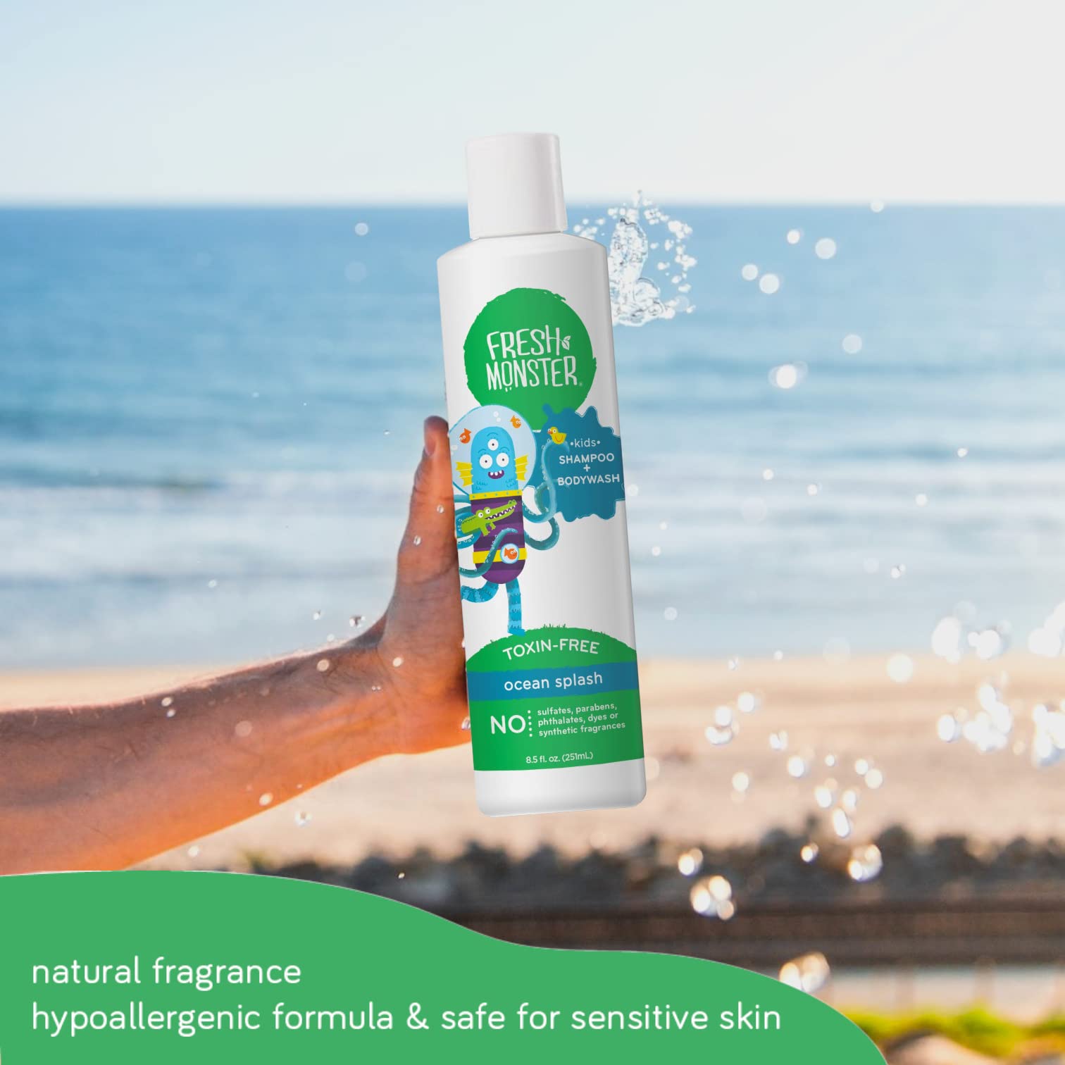 Fresh Monster Ocean Splash bottle close-up highlights refreshing fragrance