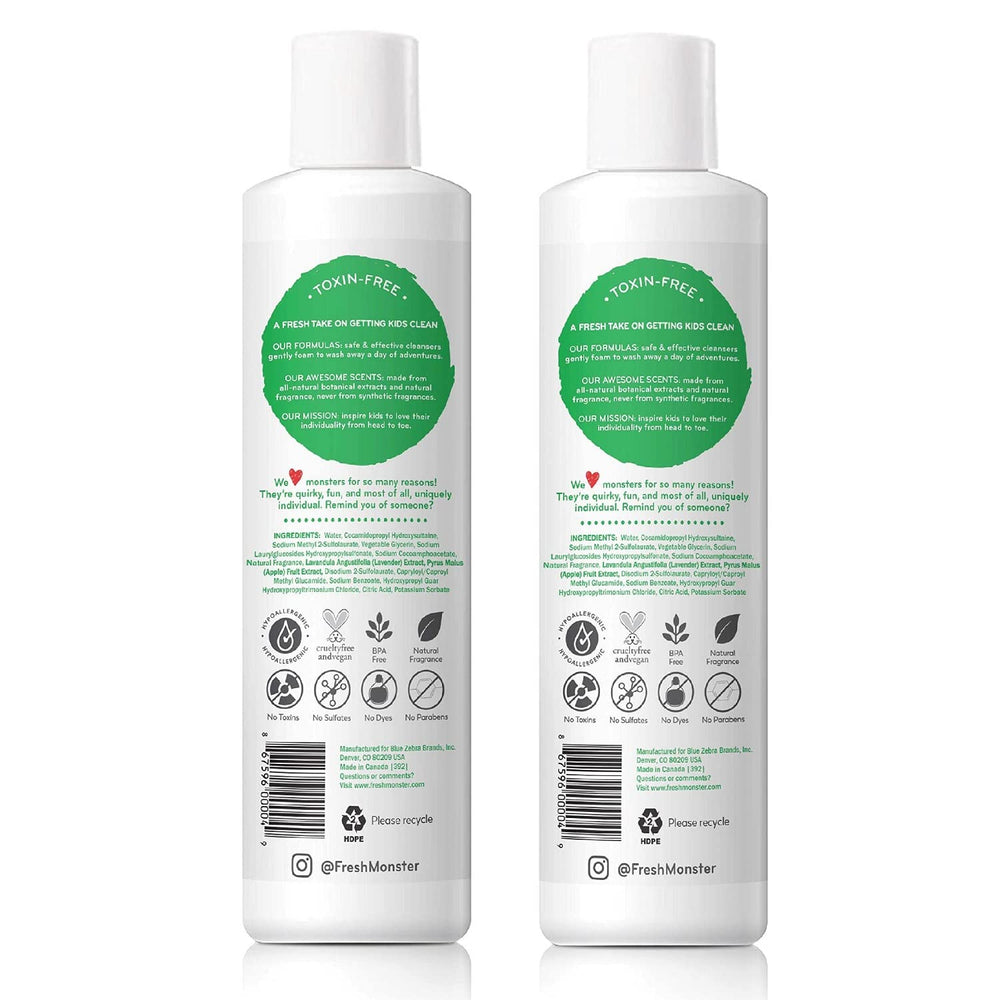 Fresh Monster tear-free formula illustration highlights gentle cleansing for delicate skin