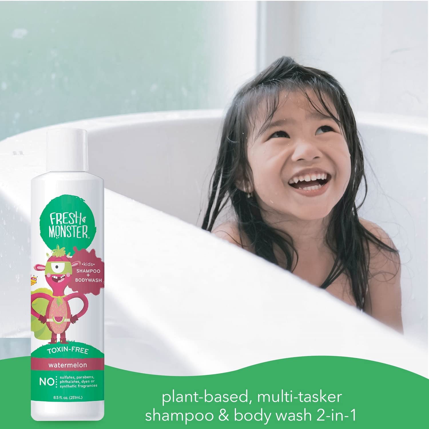 Kids enjoy bath time with Fresh Monster, a quick, cheerful head-to-toe clean.