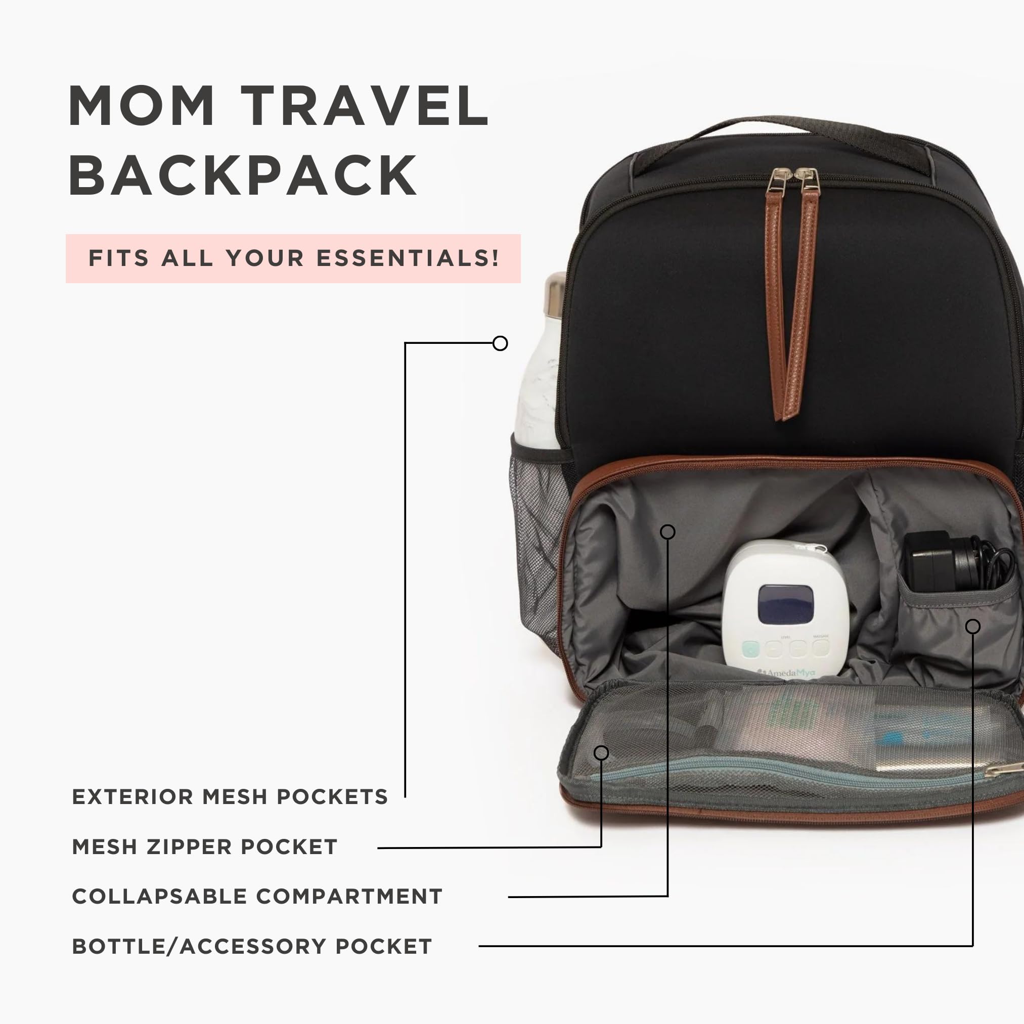 Freshly Picked breast pump backpack side pocket carries accessories for quick pumping readiness.