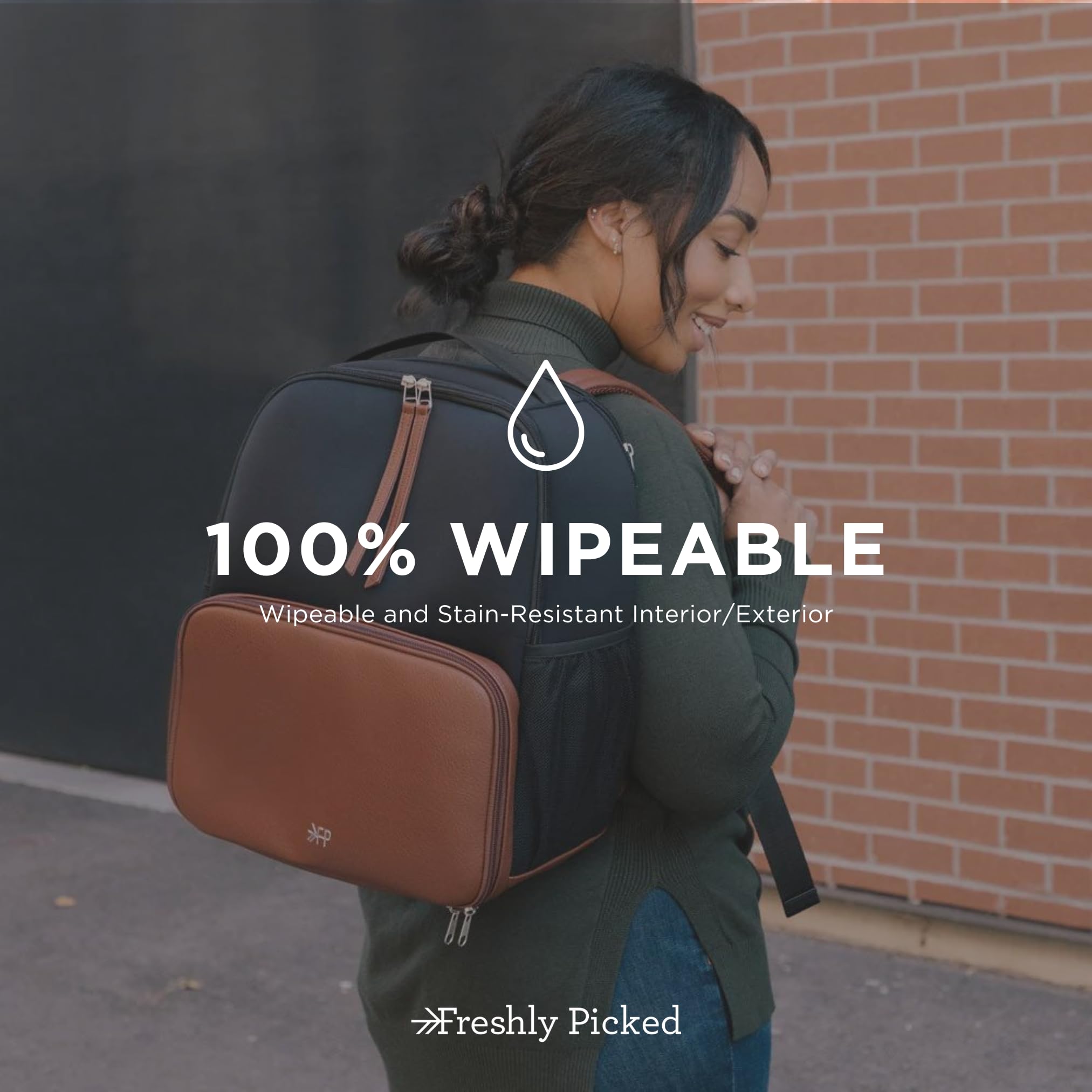 Freshly Picked wipeable neoprene exterior simplifies cleaning after travel.
