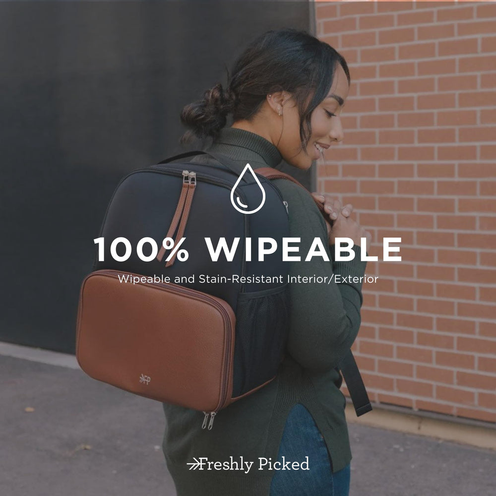Freshly Picked wipeable neoprene exterior simplifies cleaning after travel.
