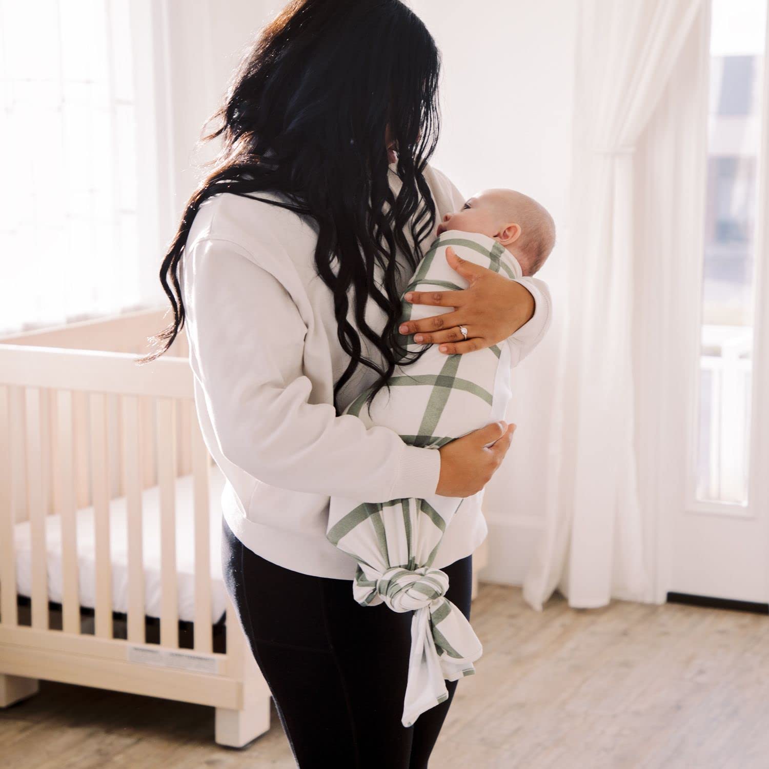 Freshly Picked swaddle blanket Sage Windowpane baby in swaddle for secure calm