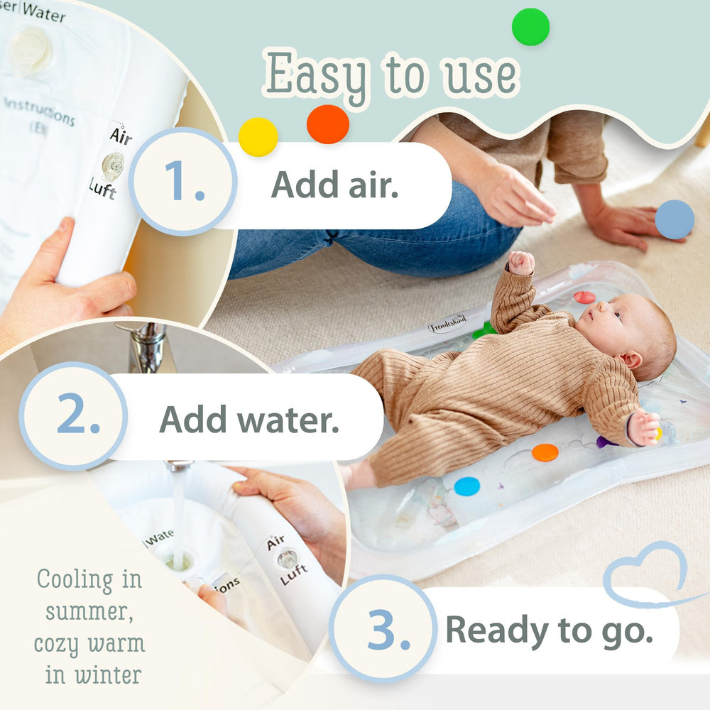 Freudeskind Premium Water Play Mat XXL 32-inch-by-24-inch size supports extended tummy time