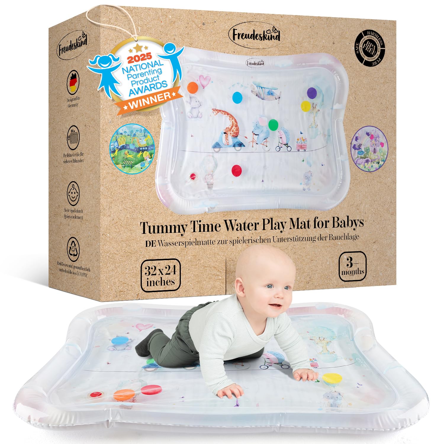 Freudeskind Premium Water Play Mat XXL side view illustrating a safe tummy time surface for infants