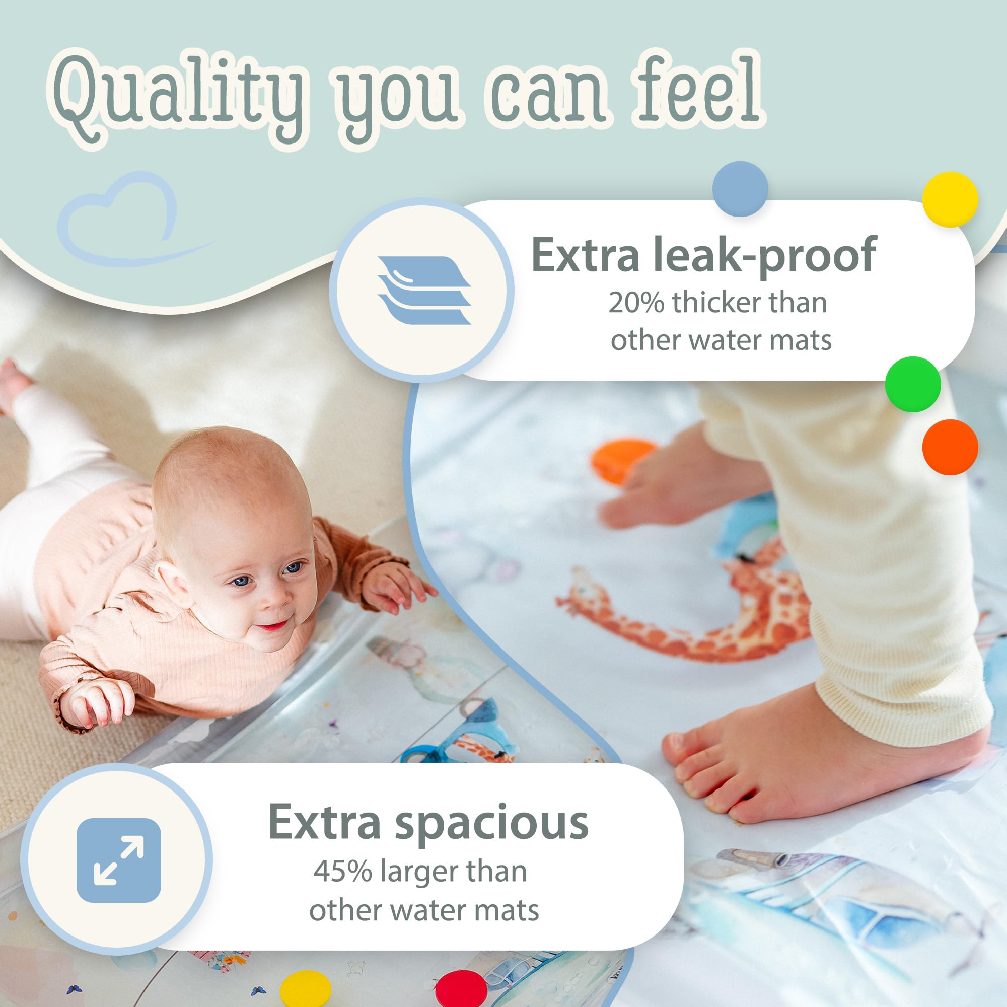 Freudeskind Premium Water Play Mat XXL squeaky-element provides playful tummy time stimulation