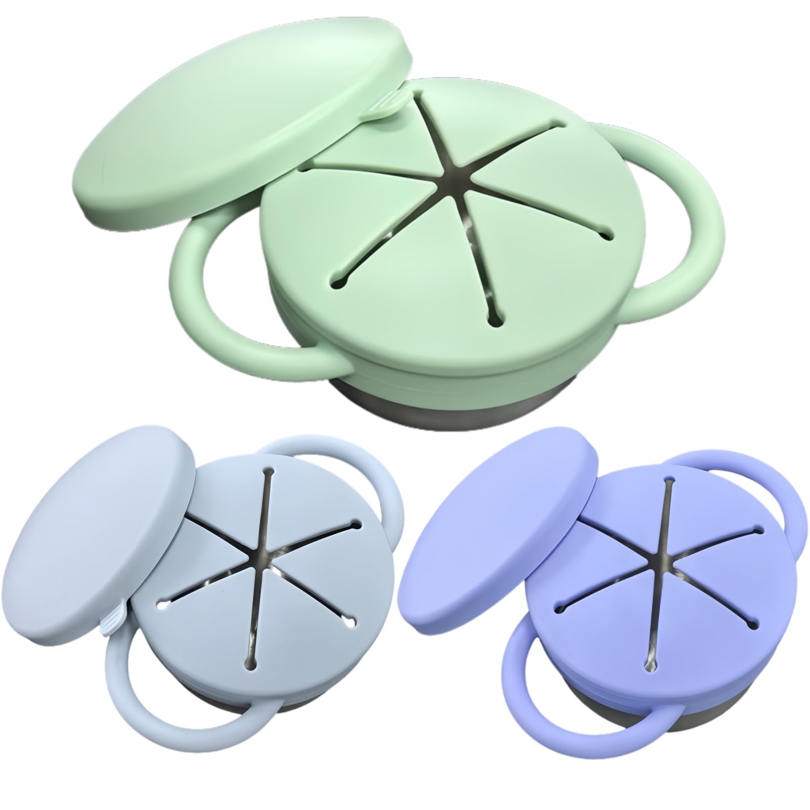 Frezonika 3-pack spill-proof snack cups with blue-green-cyan lids for mess-free travel with toddlers.