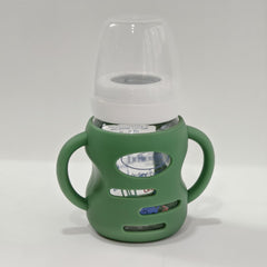 Durable sleeve protects glass bottle from accidental drops.