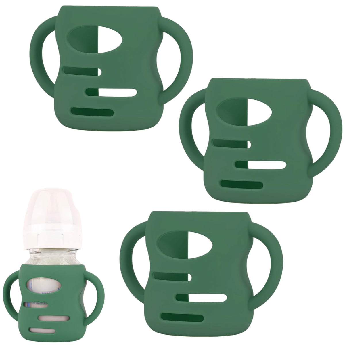 Frezonika green silicone sleeve on glass bottle; secure grip.