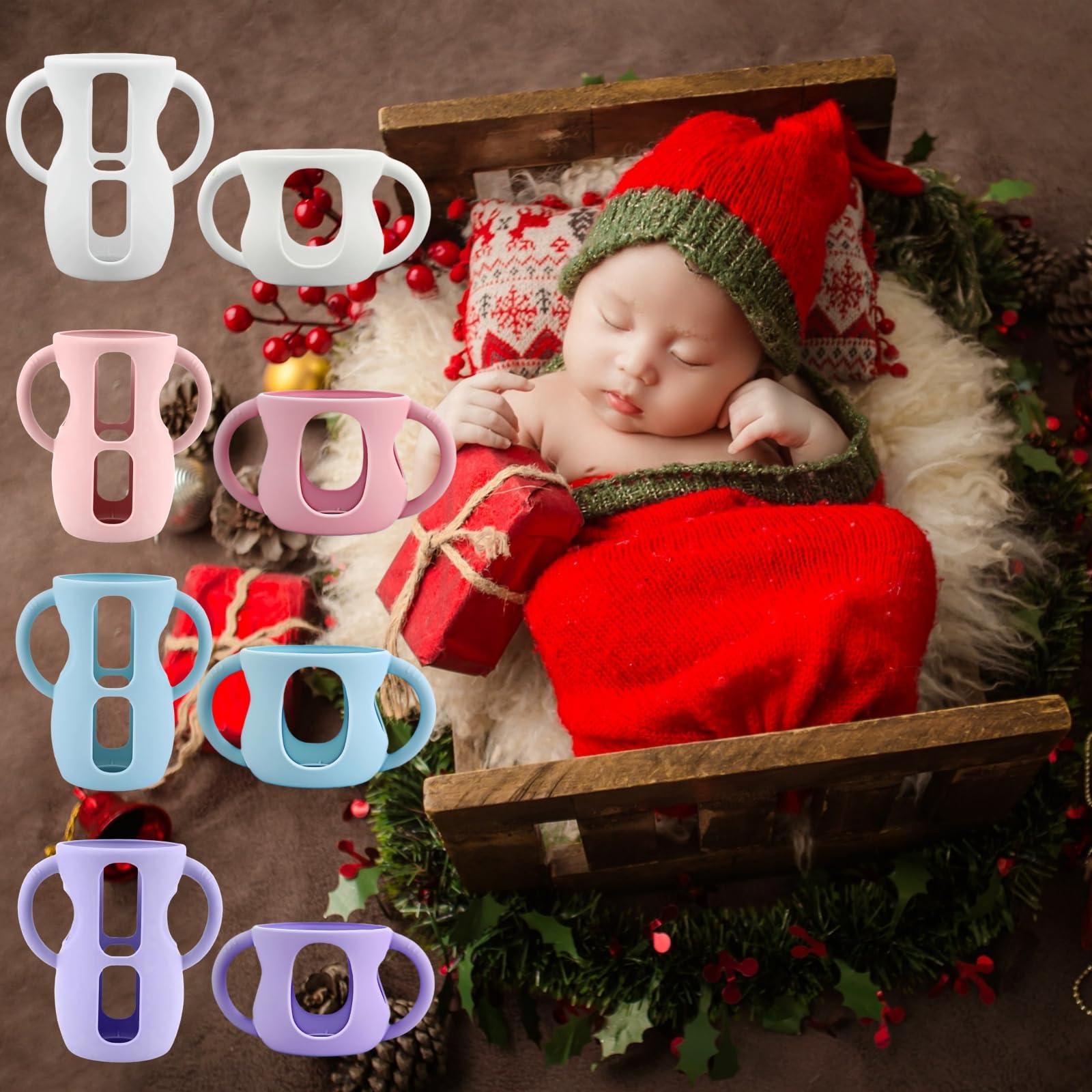 Pink silicone sleeve complements baby bottle set.