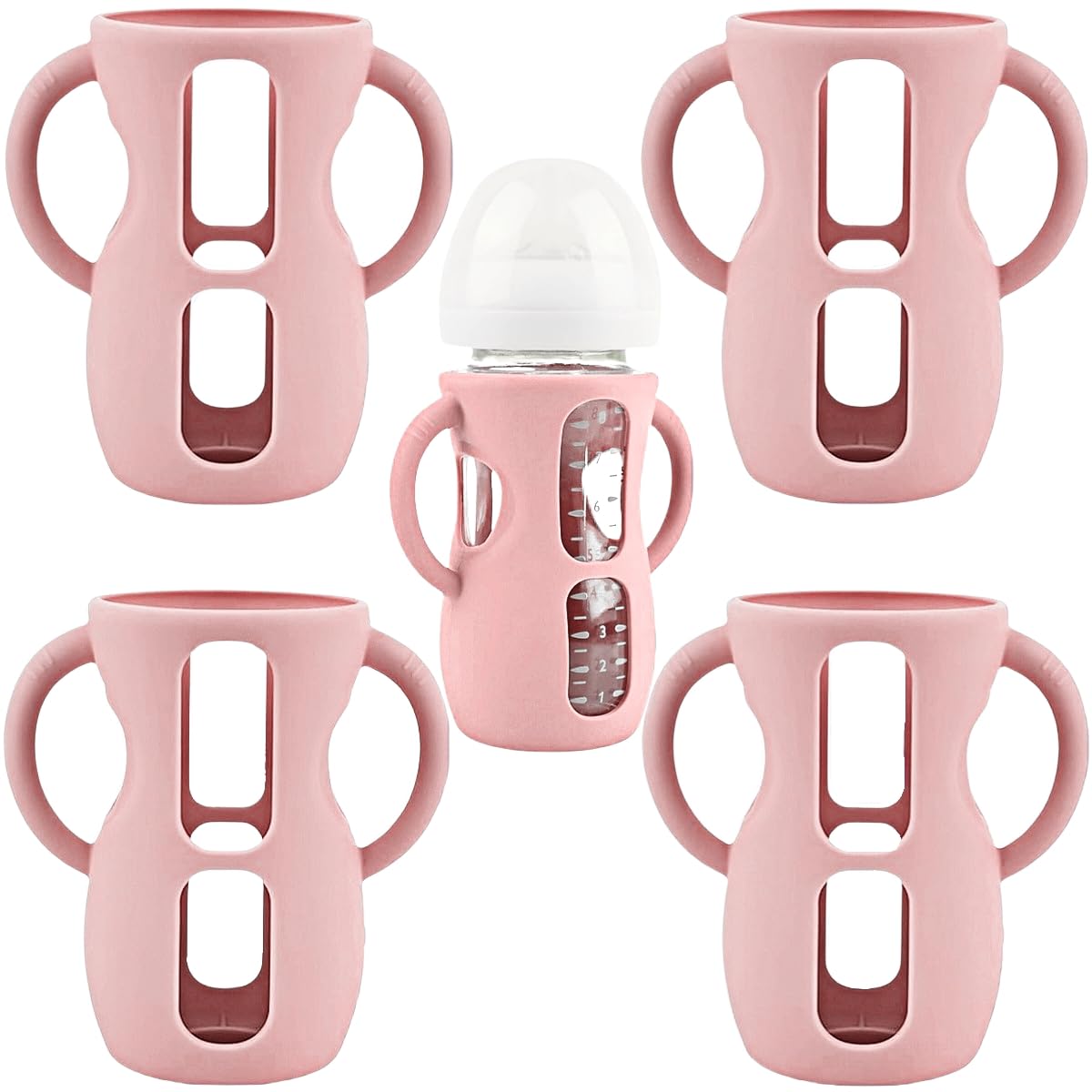 Frezonika silicone sleeve for Avent 4oz/8oz glass bottle in pink, offering secure grip and protection.