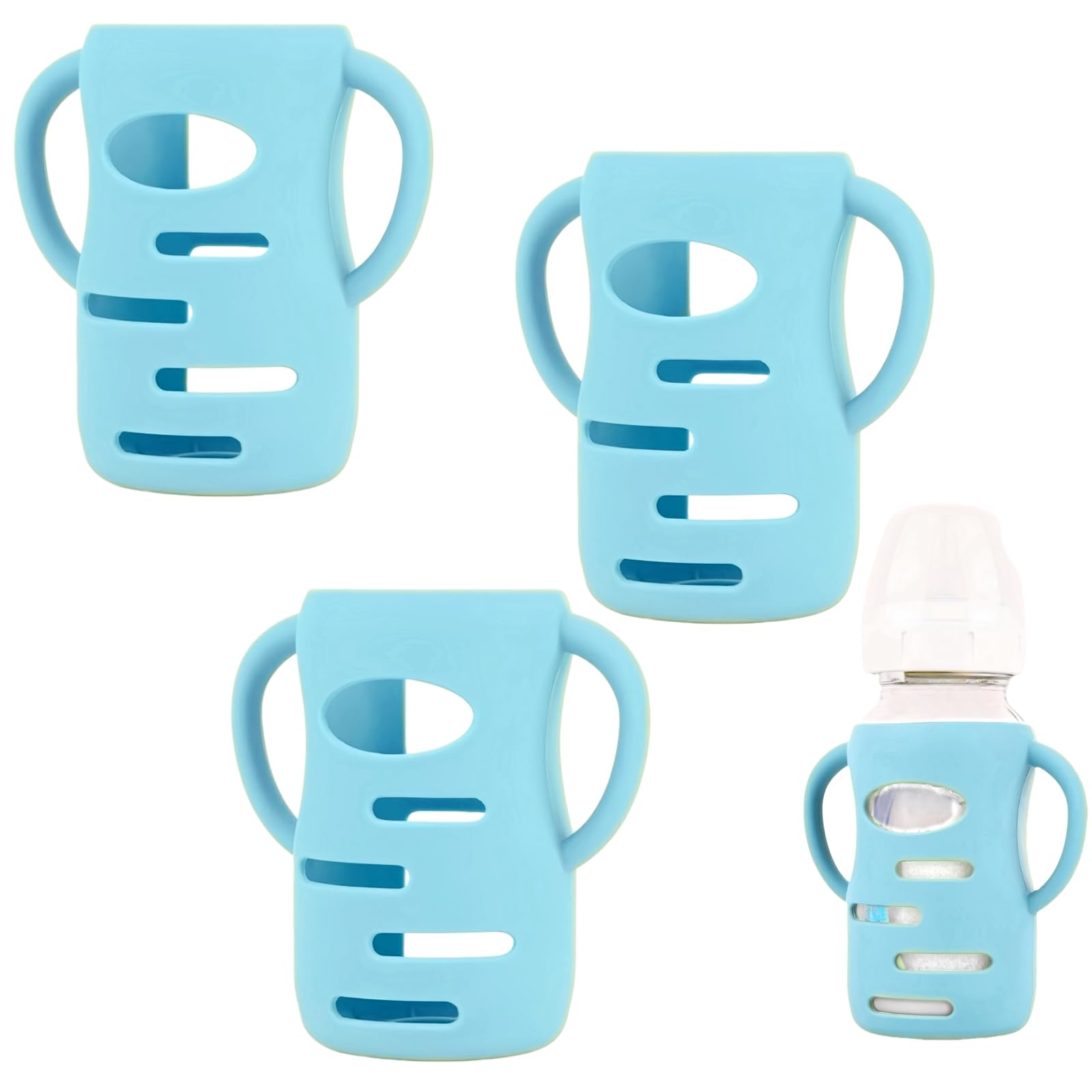 Frezonika blue silicone sleeve on a Dr Brown wide-neck glass bottle improves grip and reduces slips