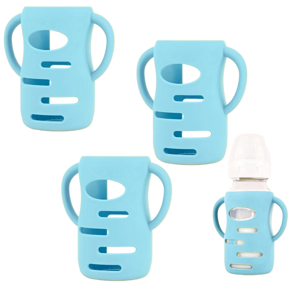 Frezonika blue silicone sleeve on a Dr Brown wide-neck glass bottle improves grip and reduces slips