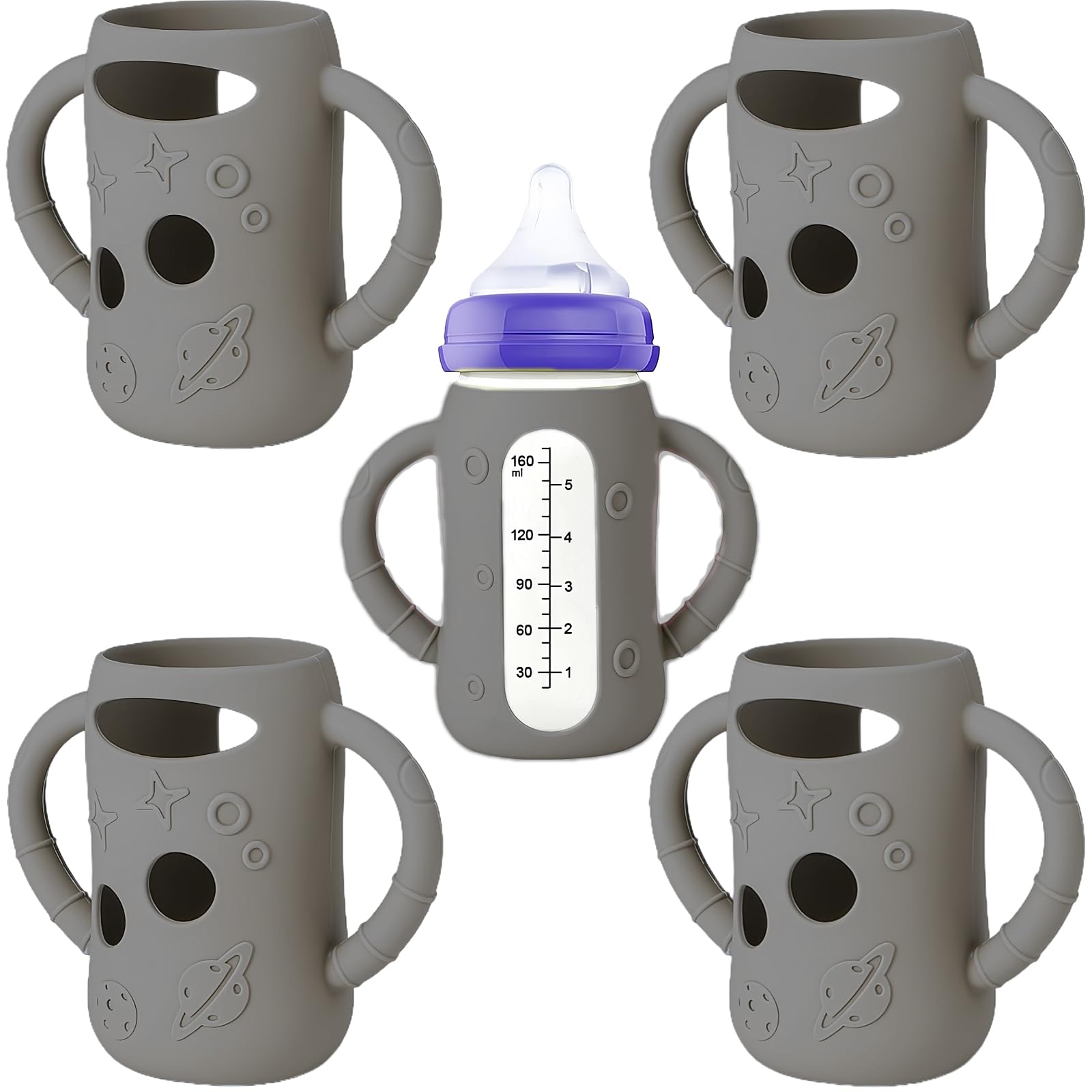 Frezonika silicone sleeve on Lansinoh 5 oz bottle with secure fit for steady feeding.