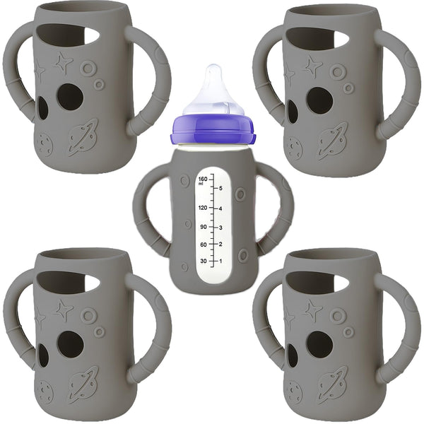 Frezonika silicone sleeve on Lansinoh 5 oz bottle with secure fit for steady feeding.
