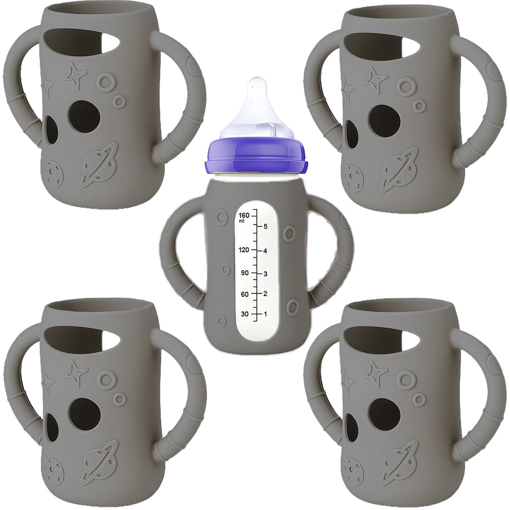 Frezonika silicone sleeve on Lansinoh 5 oz bottle with secure fit for steady feeding.