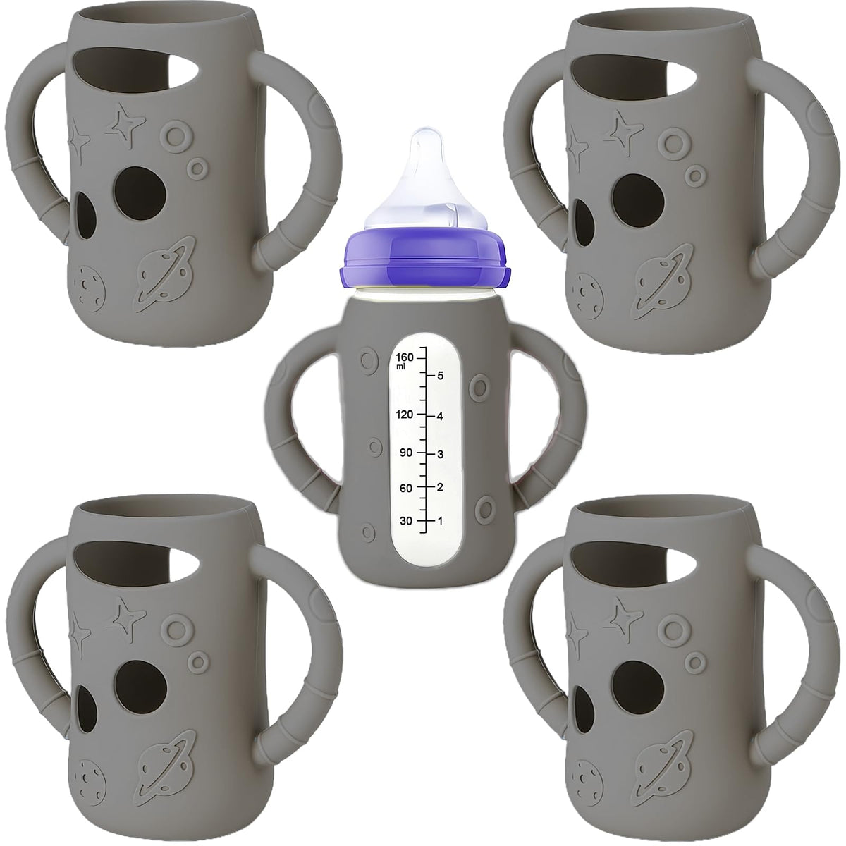 Frezonika silicone sleeve on Lansinoh 5 oz bottle with secure fit for steady feeding.