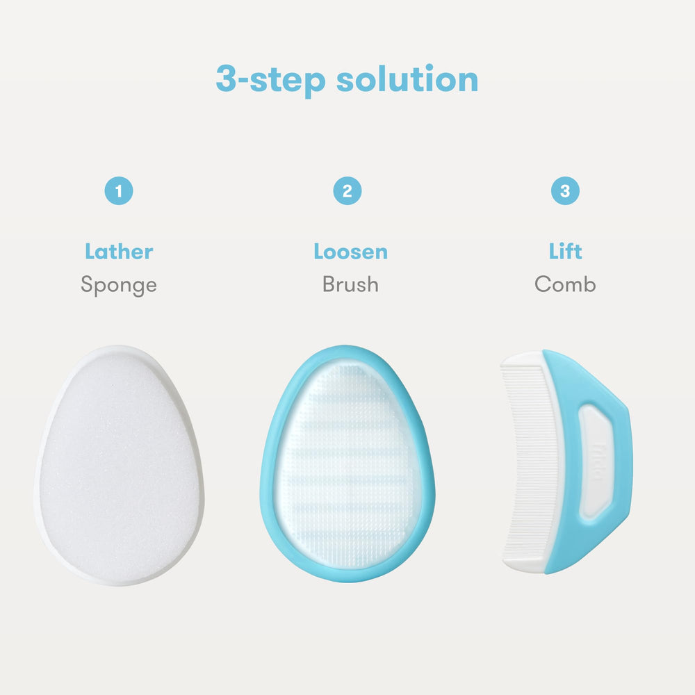 Frida Baby FlakeFixer comb gently lifts flakes for cradle cap relief.