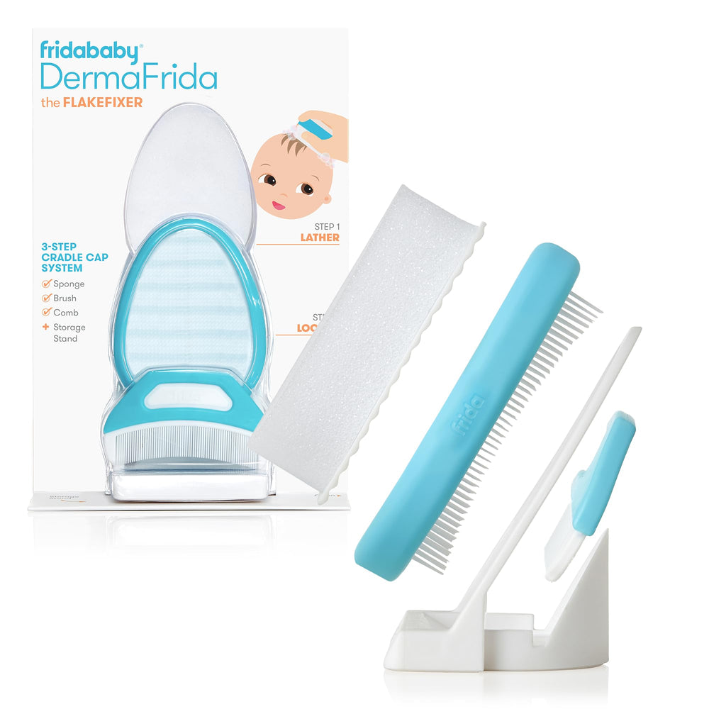Frida Baby FlakeFixer sponge for gentle cradle cap cleansing during bath time.