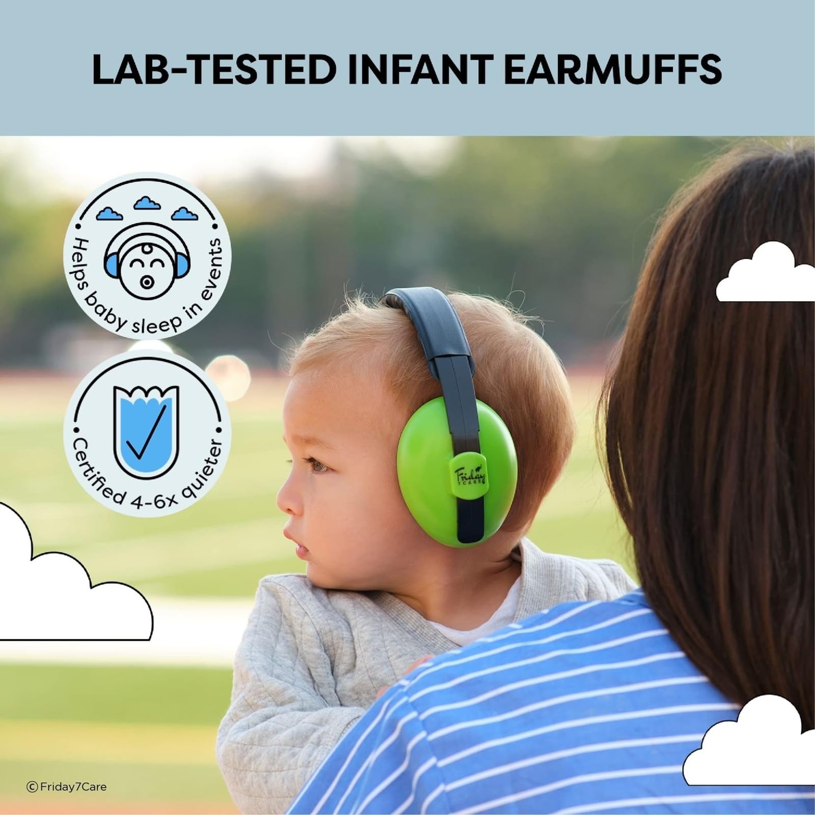 Friday 7Care adjustable green ear protection securely fits for naps and car rides.