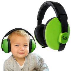 Friday 7Care baby ear protection headphones on a sleeping infant, protecting hearing during travel.