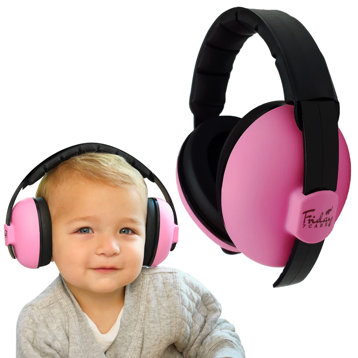 Friday 7Care baby ear protection headphones pink front view for gentle hearing protection.