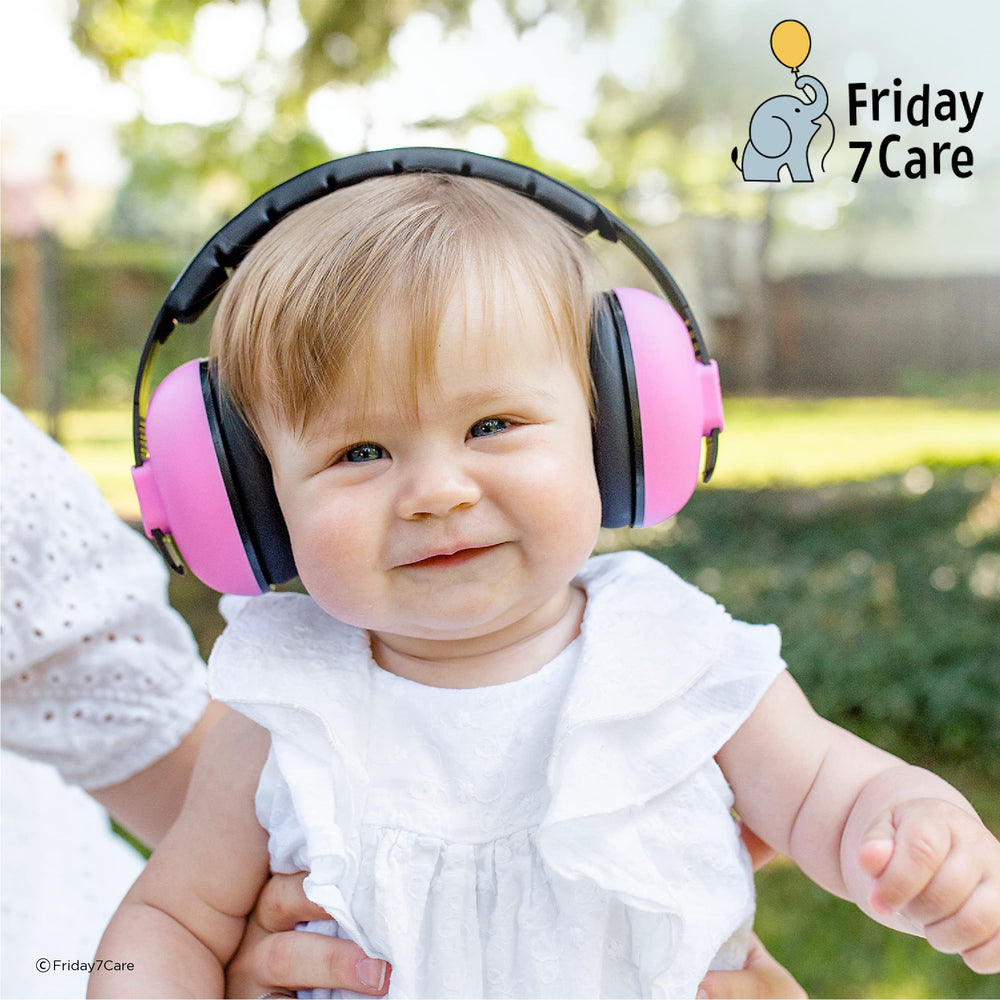Friday 7Care baby ear protection headphones pink travel-friendly case for portability.